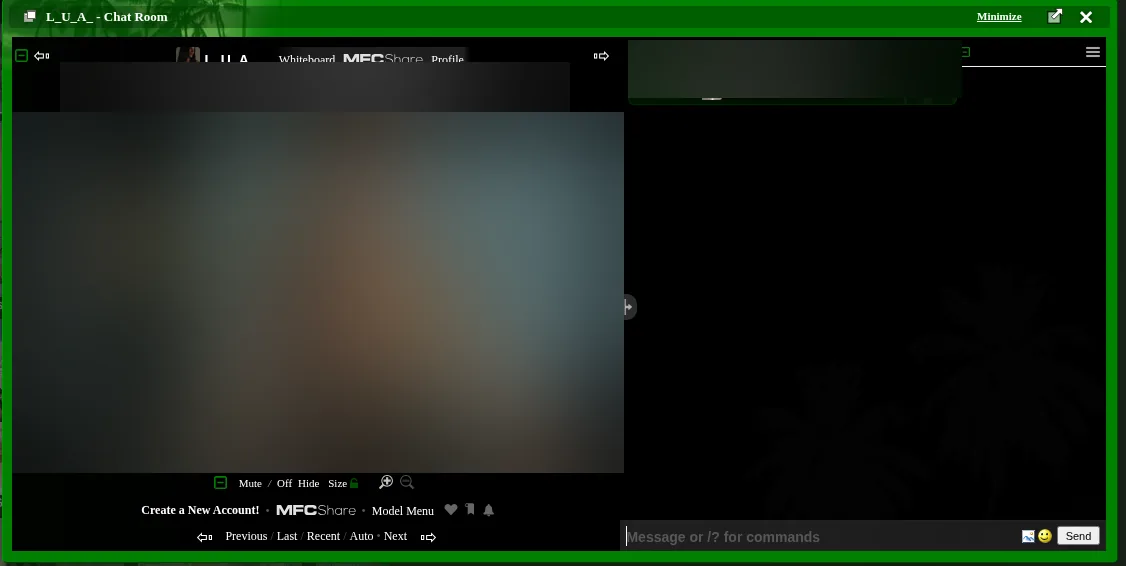 MyFreeCams chat room interface with video player controls and message box