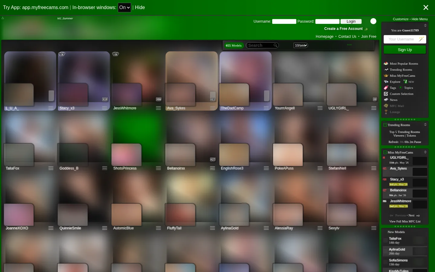 MyFreeCams homepage with the live model grid and sidebar menu