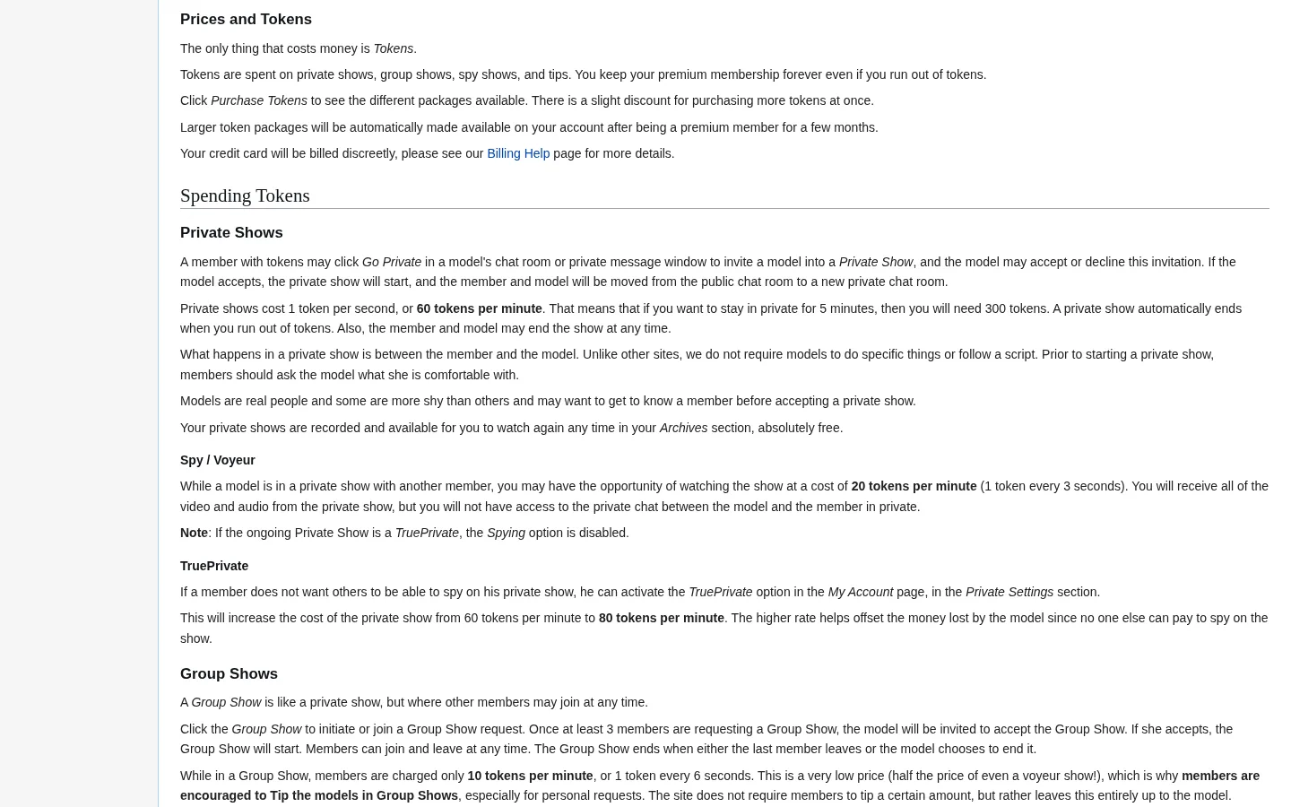 MyFreeCams wiki explaining token prices and show costs