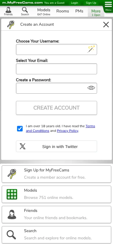 MyFreeCams mobile account creation form